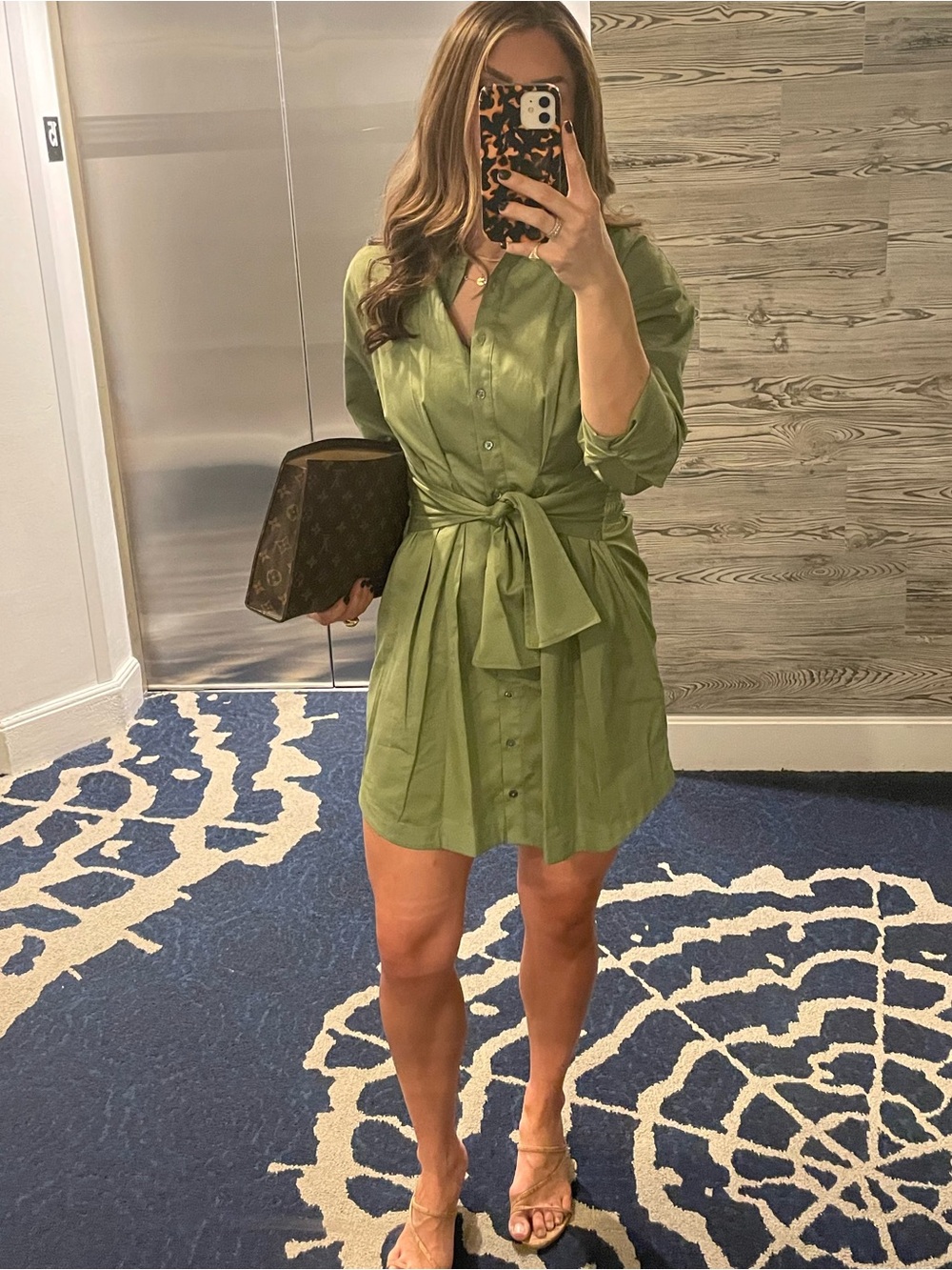 Intermix Olive Green Tie-Waist Mini Shirt Dress
